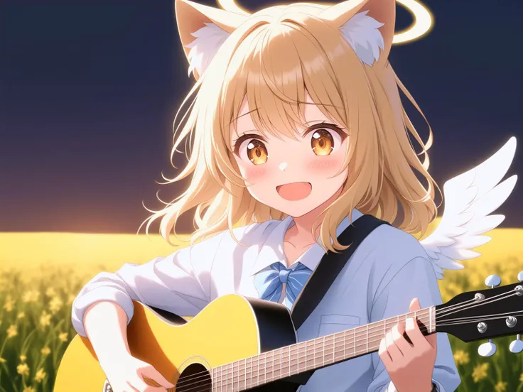 wavy blonde hair,{{{angel wings}}},{{{Angel Halo}}},{{{{school uniform}}}},{{cat ears}},{{{play the guitar}}},backlighting,in fantastic field,{{embarrassed expression}}