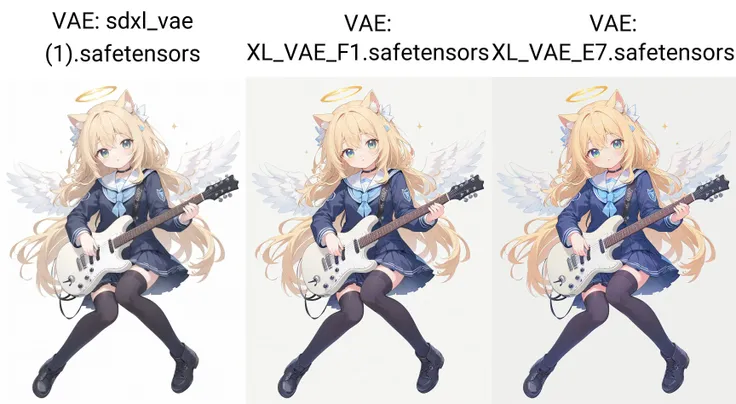 white background,semilong wavy blonde hair,angel wing,Angel Halo,full body,(school uniform:1.2),black thighhighs,cute,cat ears, white background,play the guitar