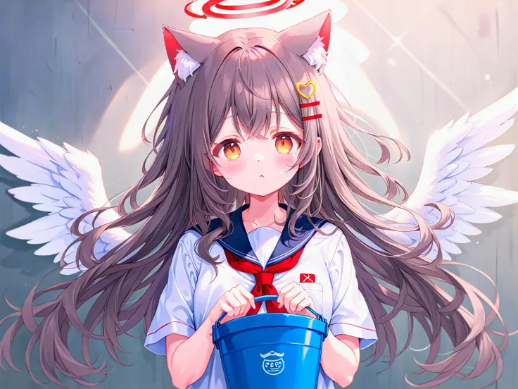 Draw wavy hair, angel wings, angel halo, school uniform and cat ears with {{{{{do not fill}}}}} bucket