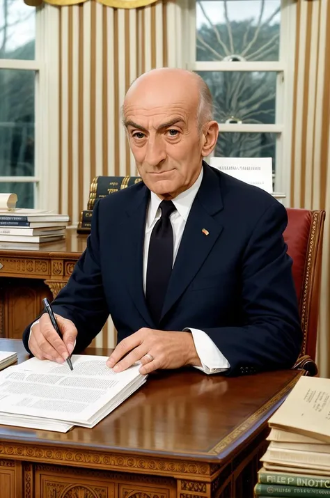Louis de Funes, LDF , high quality photography, natural lighting, canon eos 5d mark ii, photorealistic, 8k, photo by Annie Leibovitz, detailed skin, ultra realistic, bokeh, sharp features, centered in frame, facing camera, symmetrical face, ideal human, 90mm lens, f16, photography, ultra details, photo, (oval office, president, suit, french flag, sitting at desk)