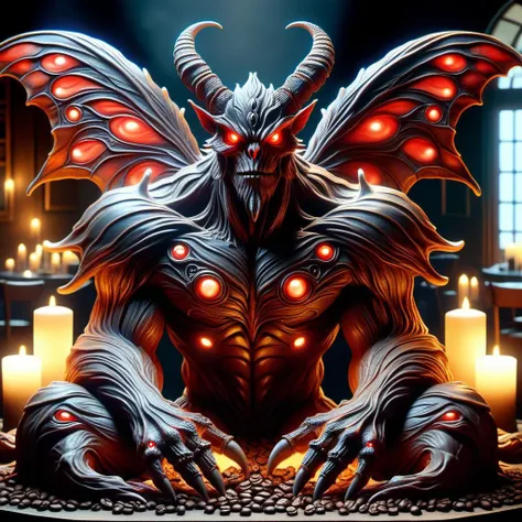 hyper detailed masterpiece, dynamic, awesome quality,cofzee ogre, cryptid creature, humanoid, large moth wings, glowing red eyes, fur covered body, dark colors, tall imposing stature, foretelling disaster, comfortable seating,candlelit,symbolic,divided,emanation,mesmerizing,august, <lora:cofzee:0.7> <lora:DonMC0ff33Ch0c_XL-000006:0.65> DonMC0ff33Ch0c
