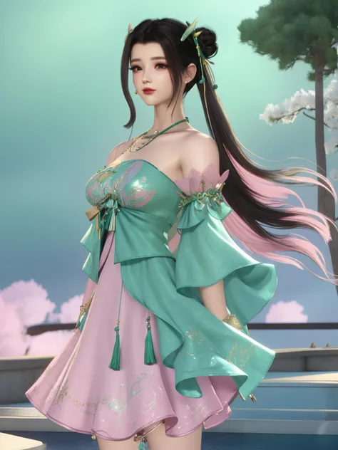 1girl,cityscape,looking at viewer,mature female,<lora:NSHl_20230725163053:0.85>,hair ornament,hair bun,double bun,bare shoulders,detached sleeves,necklace,jewelry,multicolored dress,tassel,cowboy shot,green dress,bowtie,blurry background,night, pink dress,