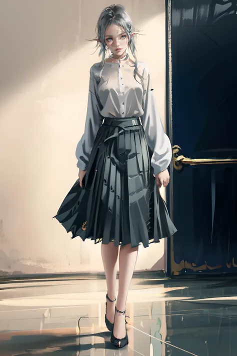 wlop,1girl,<lora:wlop_v1:0.9>,grey hair,elf,full_body,blouse,pleated_skirt,