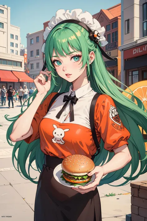 an artwork, Burger, in the style of 2d game art, characterized girl, dmitry vishnevsky, orange and emerald, cute and dreamy, editorial illustrations, zeiss batis 18mm f/2.8