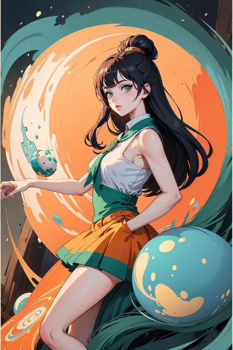 an artwork, IceCreamRound, in the style of 2d game art, characterized girl, dmitry vishnevsky, orange and emerald, cute and dreamy, editorial illustrations, zeiss batis 18mm f/2.8