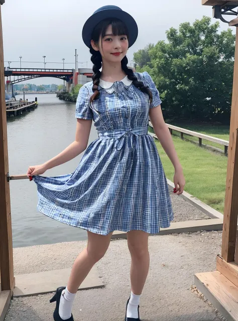(8k, RAW photo, best quality, masterpiece:1.2),(realistic, photo-realistic:1.37), ultra-detailed,
1girl, sumip, solo, dress, plaid dress, braid, looking at viewer, hat, twin braids, short sleeves, smile, socks, full body, long hair, plaid, nail polish,
cinematic lighting, (photo background:1.2)
<lora:sumip2:1>
