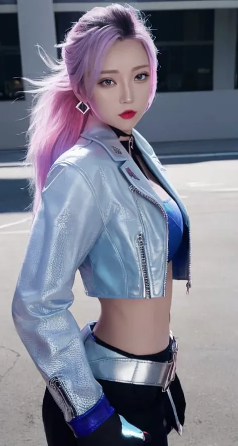 blue blue theme, simple background, (from side:1.2), 
(((kda all out akali))), akali, k/da \(league of legends\), high detailed, highres, cowboy shot,1girl,absurdres, solo, looking at viewer, navel,full body,
multicolored hair, two-tone hair, (high ponytail:1.3), blue eyes, blue hair, blonde hair, ([blue:blonde:0.5] hair:1.2),long hair, lips, eyeshadow, makeup, earrings, cleavage cutout, clothing cutout,leather jacket,(cropped jacket:1.2), open clothes, open jacket, two-tone jacket, shiny clothes, multicolored clothes, (nattier blue jacket:1.3), multicolored jacket, ( wrist cuffs),( Blue cuffs),( argyle cuffs),blue sports bra, (zipper), midriff, stomach, buckle, partially fingerless gloves, black gloves, gloves, jacket, jewelry, medium breasts, breasts, (black pants:1.2),tight pants,Leather pants,shiny pants,white belt, shoes, black footwear,shiny,crop top,nail polish, 
 <lora:kDAAllOutAkali_kdaAllOutAkaliLora:1.2>,<lora:koreanDollLikeness_v10:0.5>,<lora:pureerosface_v1:0.3>,
((photorealistic:1.4)),best quality ,masterpiece, an extremely delicate and beautiful, extremely detailed ,4k wallpaper, Amazing, finely detail, masterpiece,best quality,