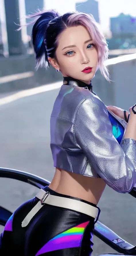 ((photorealistic:1.4)),best quality ,masterpiece, an extremely delicate and beautiful, extremely detailed ,4k wallpaper, Amazing, finely detail, masterpiece,best quality,high detailed, highres, absurdres, 
(((kda all out akali))), akali, k/da \(league of legends\),  <lora:kDAAllOutAkali_kdaAllOutAkaliLora:1.2>,<lora:koreanDollLikeness_v10:0.5>,<lora:grabbingOwnAss_v1:1.2>
1girl,solo,multicolored hair, two-tone hair, high ponytail, blue eyes, blue hair, blonde hair, [blue:blonde:0.5] hair,long hair, lips, eyeshadow, makeup, earrings, cleavage cutout, clothing cutout,leather jacket,(cropped jacket:1.2), open clothes, open jacket, two-tone jacket, shiny clothes, multicolored clothes, (nattier blue jacket:1.2), multicolored jacket, blue sports bra, zipper, midriff, stomach, buckle, fingerless gloves, black gloves, gloves, jacket, jewelry, medium breasts, breasts, (black pants:1.2),Tight trousers,Leather pants,shiny pants,white belt, shoes,  navel, 
standing sex, from behind,(hands on own ass), (grabbing own ass),ass stretch , ass spread