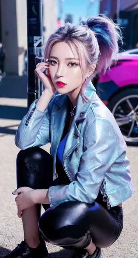 street,blue sky,(from side:1.2),(((kda all out akali))), akali, k/da \(league of legends\), high detailed, highres, cowboy shot,1girl,absurdres, multicolored hair, two-tone hair, high ponytail, blue eyes, blue hair, blonde hair, [blue:blonde:0.5] hair,long hair, lips, eyeshadow, makeup, earrings, cleavage cutout, clothing cutout,leather jacket,(cropped jacket:1.2), open clothes, open jacket, two-tone jacket, shiny clothes, multicolored clothes, (nattier blue jacket:1.2), multicolored jacket, (Blue cuffs:1.2),blue sports bra, (zipper), midriff, stomach, buckle, fingerless gloves, black gloves, gloves, jacket, jewelry, medium breasts, breasts, (black pants:1.2),Tight trousers,Leather pants,shiny pants,white belt, shoes, black footwear,solo, kunai, looking at viewer, navel,(hand_on_own_knee:1.2), (squatting:1.2),<lora:kDAAllOutAkali_kdaAllOutAkaliLora:1.2>,<lora:koreanDollLikeness_v10:0.5>,((photorealistic:1.4)),best quality ,masterpiece, an extremely delicate and beautiful, extremely detailed ,4k wallpaper, Amazing, finely detail, masterpiece,best quality,
