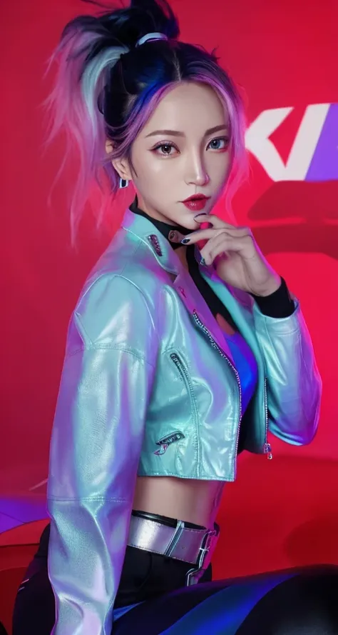 blue blue theme, simple background, (from side:1.2),
(((kda all out akali))), akali, k/da \(league of legends\), high detailed, highres, cowboy shot,1girl,absurdres, solo, looking at viewer, navel,full body,
multicolored hair, two-tone hair, (high ponytail:1.3), blue eyes, blue hair, blonde hair, ([blue:blonde:0.5] hair:1.2),long hair, lips, eyeshadow, makeup, earrings, cleavage cutout, clothing cutout,leather jacket,(cropped jacket:1.2), open clothes, open jacket, two-tone jacket, shiny clothes, multicolored clothes, (nattier blue jacket:1.3), multicolored jacket, (wrist cuffs),(Blue cuffs),(argyle cuffs),blue sports bra, (black bustier),(zipper), midriff, stomach, buckle, partially fingerless gloves, black gloves, gloves, jacket, jewelry, medium breasts, breasts, (black pants:1.2),tight pants,Leather pants,shiny pants,white belt, shoes, black footwear,shiny,crop top,nail polish,
<lora:kDAAllOutAkali_kdaAllOutAkaliLora:1.2>,<lora:koreanDollLikeness_v10:0.5>,<lora:pureerosface_v1:0.3>,
((photorealistic:1.4)),best quality ,masterpiece, an extremely delicate and beautiful, extremely detailed ,4k wallpaper, Amazing, finely detail, masterpiece,best quality,