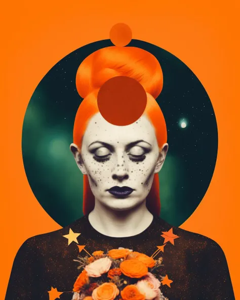 Irish mystic woman with freckles and horns and flowers in her orange hair is wearing a shiny outfit, Arabella Rankin, otherworldly, an album cover, aestheticism, colorful circle and moon and stars background