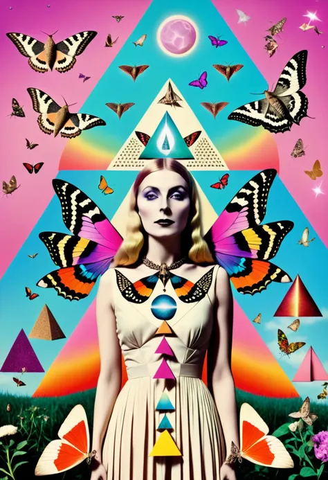 a colorful moth witch with moths around her,Arabella Rankin, otherworldly, an album cover, aestheticism, moon and triangle background, Christian W. Staudinger, surreal photography