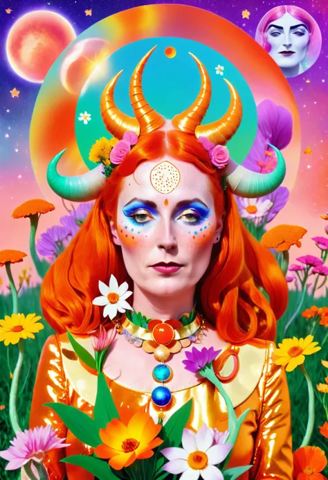 Irish mystic woman with horns and flowers in her orange hair is wearing a shiny outfit and she have a freckles, Arabella Rankin, otherworldly, an album cover, aestheticism, colorful circle and moon and stars background