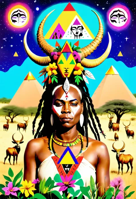 african woman with big horns and flowers in her dreadlocks hair in the middle of a field of mushrooms, Arabella Rankin, otherworldly, an album cover, aestheticism, colorful triangles and moon and stars background