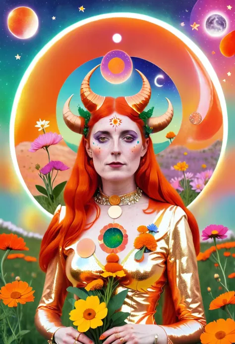 Irish mystic woman with freckles and horns and flowers in her orange hair is wearing a shiny outfit, Arabella Rankin, otherworldly, an album cover, aestheticism, colorful circle and moon and stars background