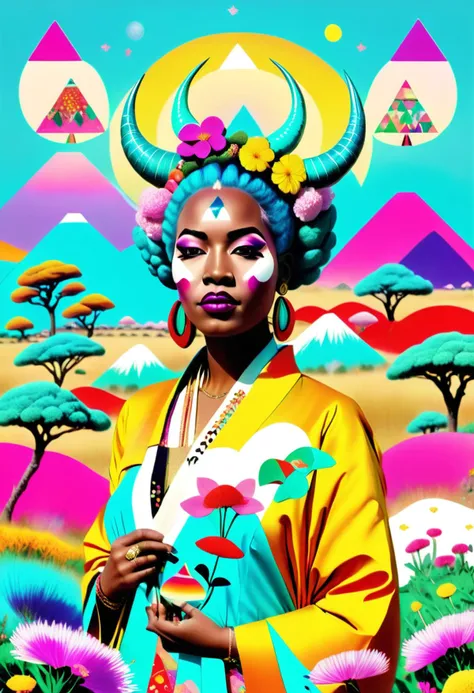 (african woman) wearing a kimono and big horns and flowers in her turquoise hair in the middle of a field of candy, Arabella Rankin, otherworldly, an album cover, aestheticism, colorful triangles and moon and stars background