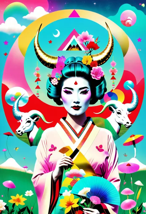 japanese Geisha with big horns and flowers in her turquoise hair in the middle of a field of candy, Arabella Rankin, otherworldly, an album cover, aestheticism, colorful triangles and moon and stars background