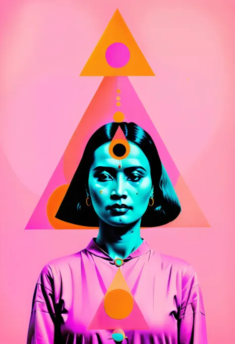 a woman with a triangle and a crescent above her head and a pink background with orange circles