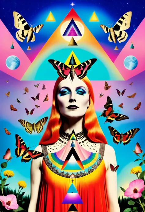 a colorful moth witch with moths around her,Arabella Rankin, otherworldly, an album cover, aestheticism, moon and triangle background, Christian W. Staudinger, surreal photography