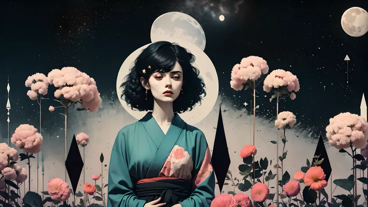 1 woman, solo, woman wearing a kimono and big horns and flowers in her turquoise hair in the middle of a field of candy, Arabella Rankin, otherworldly, an album cover, aestheticism, colorful triangles and moon and stars background, wallpaper <lora:Geometric_Woman:1>