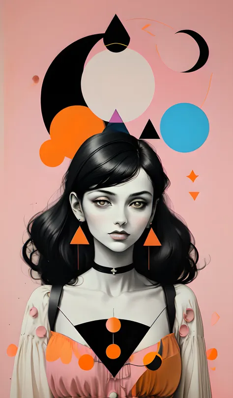 a woman with a triangle and a crescent above her head and a pink background with orange circles <lora:Geometric_Woman:0.8>