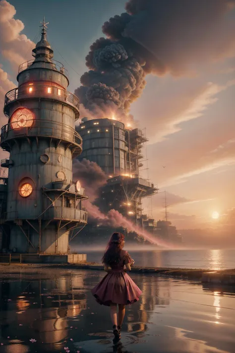 1girl, (designed by Rudy Siswanto:1.0) , grand dark cyberpunk illustration of brutal, Golden ratio, Kindhearted Visual ([The Red Keep of King's Landing|Georgia]:1.3) from inside of a Oil platform, lush street and Radio galaxy in background, at Sunset, Movie still, Dark and Gritty, Orientalism Art, Light and shadow plays, Circular polarizer, One Color, layered textures, cherry blossom pink dust particles, "The fragrance of nostalgia, a perfume of memories, evoking emotions and transporting us to cherished moments.", photolab, absurdres, horror, grimy