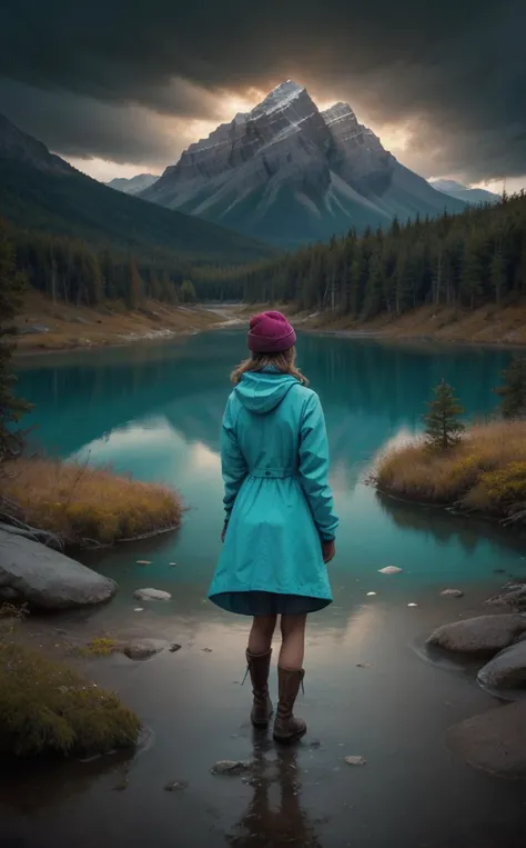 Epic style <lora:6ParDet-ColCin-nM:0.28>, [Style inspired by the works of Jovana Rikalo, Overall Detail: Style reminiscent of Liam Wong, Hair and Skin Detail: 0.6]:1.5), HDR chiaroscuro, (Layered Depth, Soft Focus in the Foreground), (Moody Atmospheric Cinematic Establishing Shot of an Exquisite Woman, Highly Detailed Background: 1.5), Volumetric Lighting, Subsurface Scattering, Dynamic Pose, (Special Effects, Color Grading, Fractal Fantasy Aura), (Inspired by the style of Ansel Adams), [Pristine Wilderness: Majestic Banff National Park at a Weight of 0.9], landscape capturing the breathtaking beauty of Banff National Park, Canada, through the eyes of a visitor's journey. Within this picturesque setting emerges a figure, a woman who epitomizes the adventurous spirit of those drawn to the untamed. Her attire is a sophisticated fusion of outdoor elegance and practicality, adorned in a warm, fitted parka reflecting the icy hues of the park's turquoise lakes, complemented by rugged, waterproof hiking boots prepared to traverse diverse terrains. Thoughtful accessories include thermal gloves and a woolen beanie, ensuring comfort against the crisp mountain air, while a lightweight backpack carries essentials for her day's exploration. Standing before a breathtaking vista, she gazes upon the vivid turquoise waters of a glacial lake, their vibrancy evoking an otherworldly allure, juxtaposed against the stark, majestic silhouette of snow-capped mountains. The dense, verdant pine forests envelop the scene, imparting a sense of depth and serenity. This composition captures a moment of contemplation as she surveys the landscape, her presence amidst the vastness of nature evoking both humility and significance. The photograph encapsulates the tranquility and grandeur of Banff, with the subject acting as a conduit between the viewer and the sublime beauty of the Canadian Rockies, evoking a profound sense of wonder and adventure., masterpiece, best quality, 8k, insane details, intricate details, hyperdetailed, hyper quality, high detail, ultra detailed, clear shadows and highlights, intense, enhanced contrast.