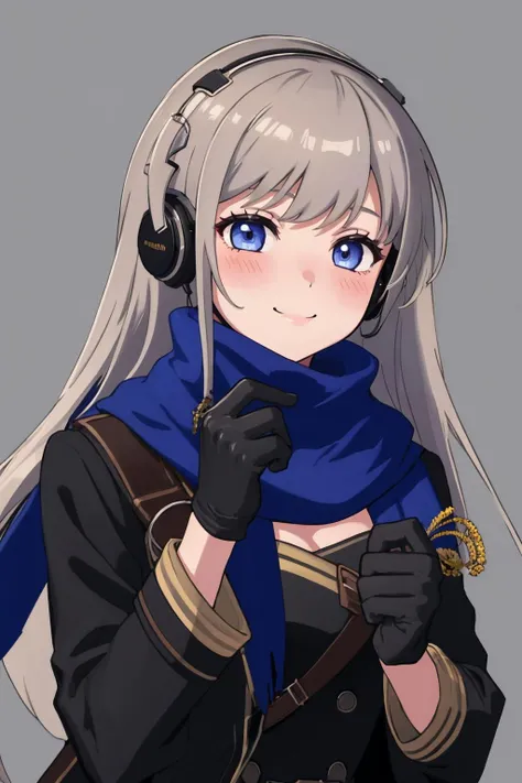masterpiece, best quality, 1girl, solo, <lora:bkornblume-r1999-richy-v1:1> bkornblume, headphones, blue scarf, coat, black dress, black gloves, long sleeves, blush, smile