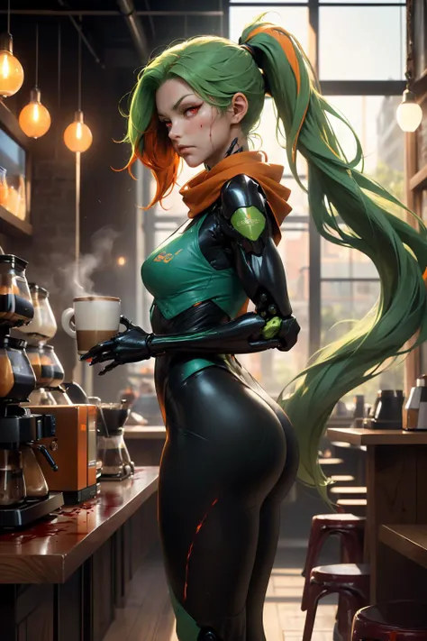 masterpiece,best quality,1girl,bodysuit,full body,gorgeous ((((Absurdly Long Hair, Short Ponytail, Split-color Hair, Light Green Hair, Orange Hair)))),(((red eyes))),makeup,cat eyelashes,tall body,tattoo on her right calf,(((From Side, Looking At Viewer, Disgust, Narrowed eyes))),(((crowed Coffee shop))),(((blood vessels connected to tubes))),mechanical arms,medium breasts,red scarf,science fiction,solo,standing,finely detailed skin,eyelines,Instagram most viewed,official wallpaper,((ultra-photorealistic)),(((holding a hot cup of coffee))),<lora:nijiMecha:0.5>,