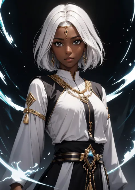 (1girl),solo,masterpiece,best quality,(dark skin, dark-skinned female),short hair,messy hair,(white hair),black eyes,medium breasts,upper body,black and white tunic,long tunic,ancient outfit,ancient jewels,tunic,looking at viewer,white aura,white magic aura,power aura,expressionless,looking at viewer,dark background,