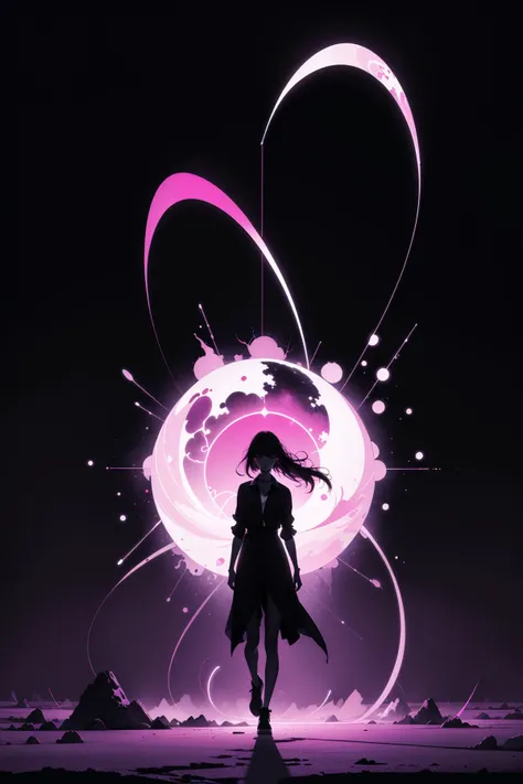 (silhouette:1.25),1girl,dark background,blacklight,mid shot,full body,somber expression,looking down,dark energy,vibrant magenta,portal to another world,flat color,flat shading,ultra realistic,highres,superb,8k wallpaper,extremely detailed,intricate,limited palette,pink,