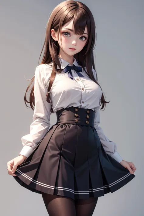 virgin killer outfit,high-waist skirt,standing,pantyhose,cowboy shot,grey background,<lora:virgin_killer_outfit:1>,