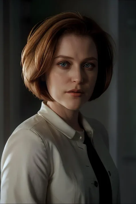 agentscully, portrait, short hair, bob cut, cinematic, highly detailed, realistic, 30 years old, bright lights, spotlight, rimlight, formal, elegant, light effect, blurry background, shallow depth of field, bright white background,
<lora:DanaScullySD_v2:1>