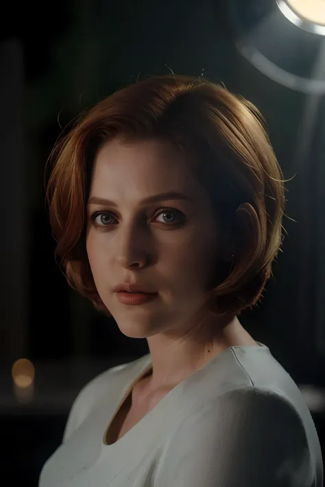 agentscully, portrait, short hair, bob cut, cinematic, highly detailed, realistic, 30 years old, bright lights, spotlight, rimlight, formal, elegant, light effect, blurry background, shallow depth of field, bright white background,
<lora:DanaScullySD_v2:1>