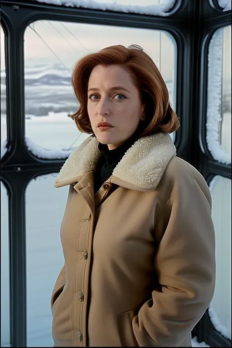 Dana Scully in a thick winter coat in an arctic research station, looking worried, snow, frost, cold,
<lora:DanaScullySD-000002:1>