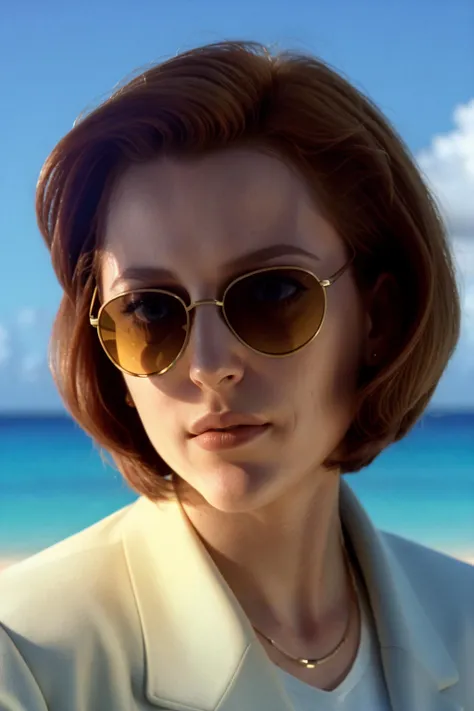 <lora:DanaScullySD_v2:1> agentscully, sunglasses, suit, cool and relaxed, highly detailed, cinematic, upper body, close-up, short hair, bob cut, sunshine, bright light, miami vice style,