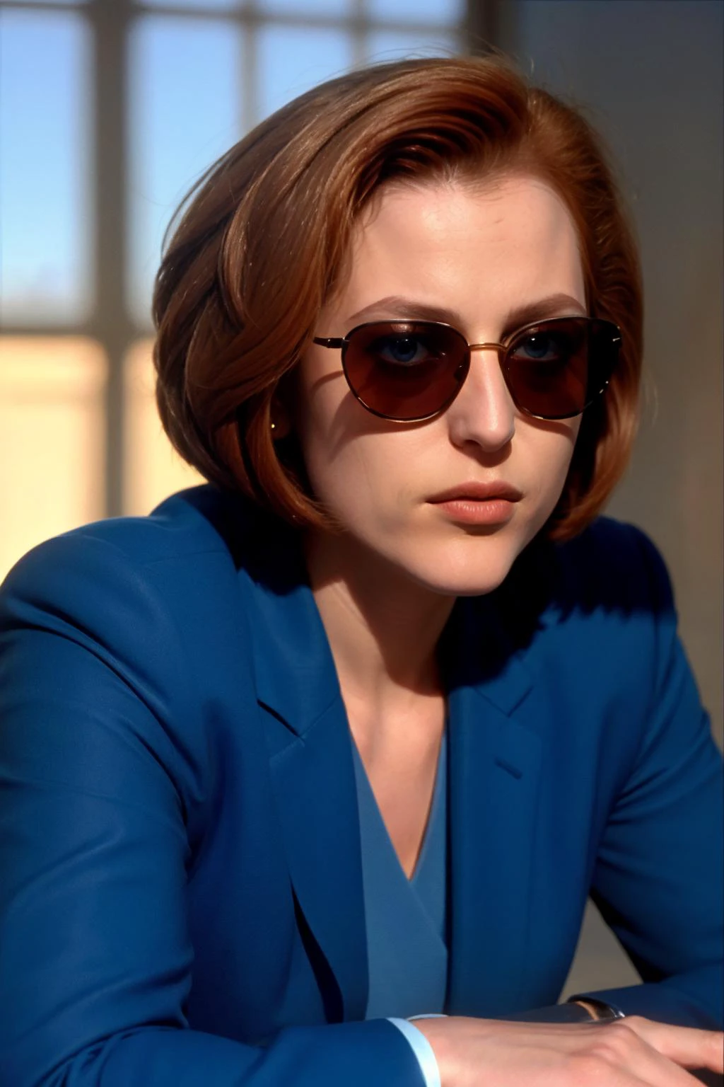 <lora:DanaScullySD_v2:1> agentscully, sunglasses, blue suit, cool and relaxed, highly detailed, cinematic, upper body, close-up, short hair, bob cut, sunshine, bright light,