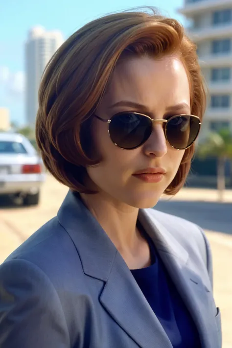 <lora:DanaScullySD_v2:1> agentscully, sunglasses, suit, cool and relaxed, highly detailed, cinematic, upper body, close-up, short hair, bob cut, sunshine, bright light, miami vice style,