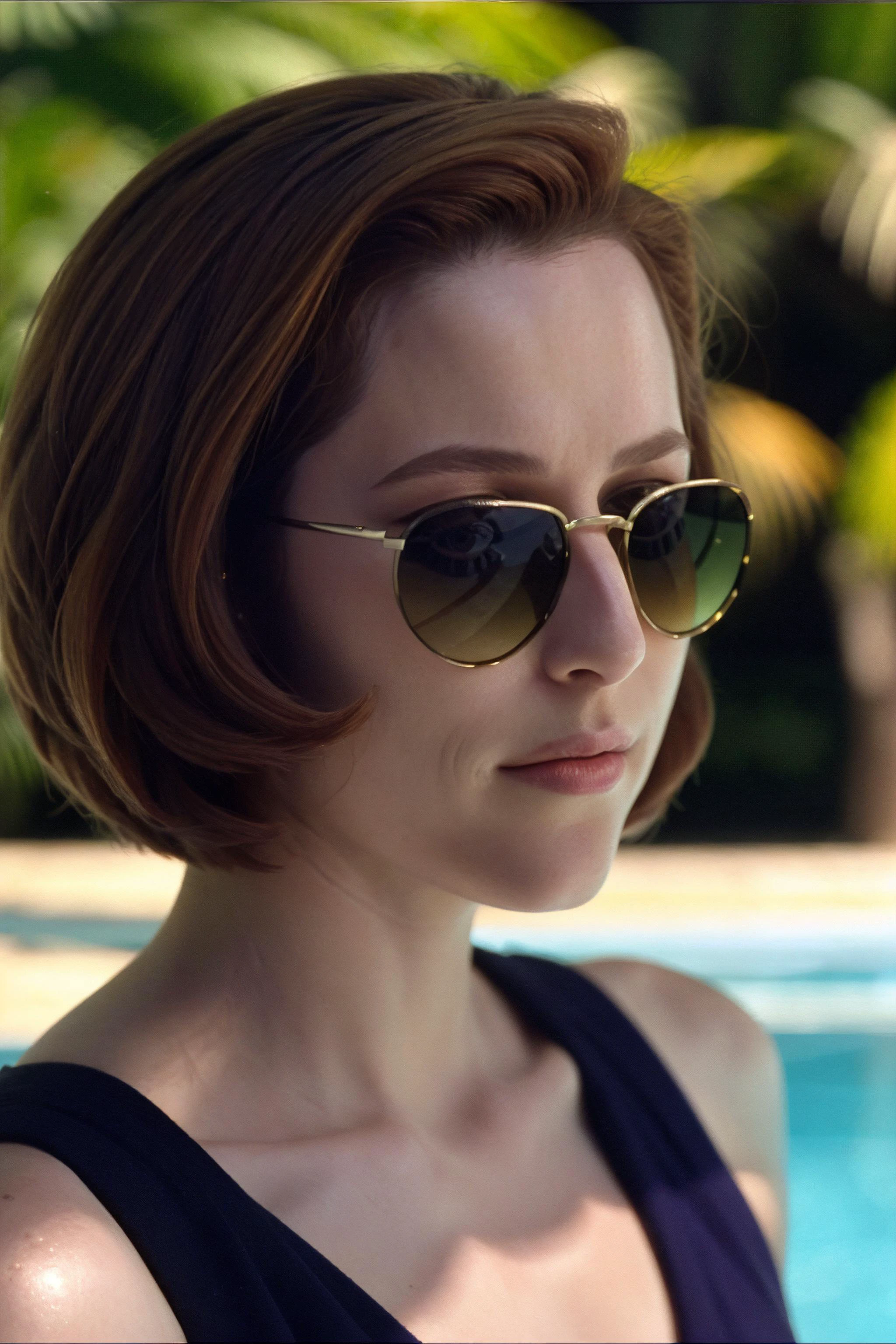 <lora:DanaScullySD_v2:1> agentscully, sunglasses, relaxing at the pool, highly detailed, cinematic, face, close-up, short hair, bob cut, sunshine, bright light,