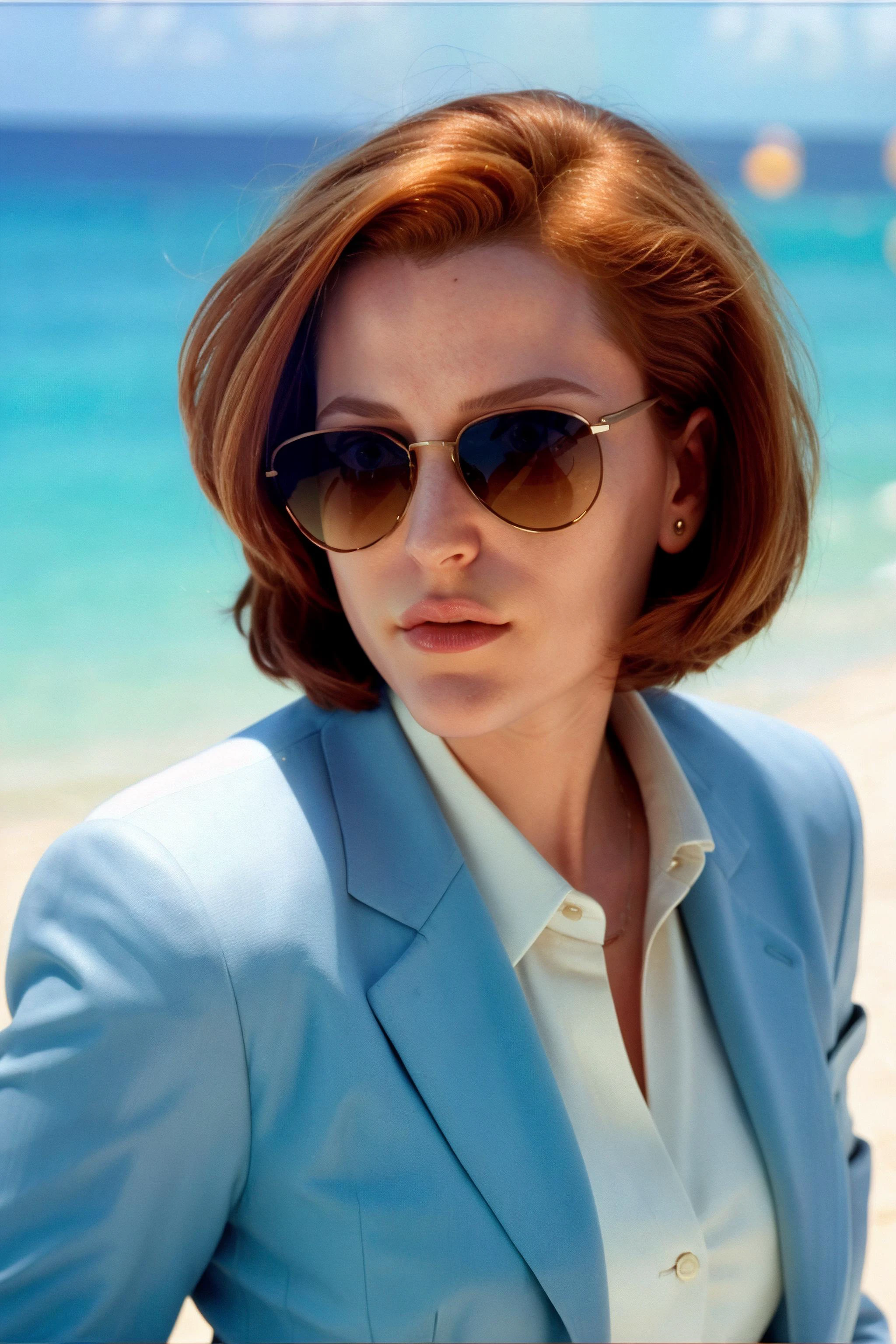 <lora:DanaScullySD_v2:1> agentscully, sunglasses, suit, cool and relaxed, highly detailed, cinematic, upper body, close-up, short hair, bob cut, sunshine, bright light, miami vice style,