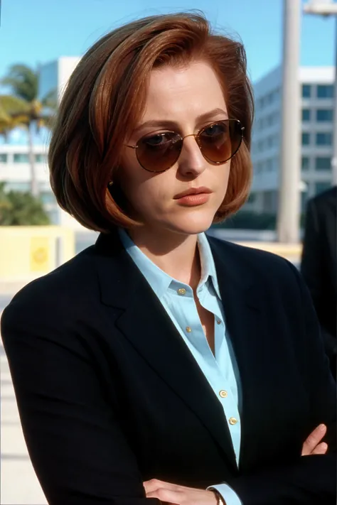 <lora:DanaScullySD_v2:1> agentscully, sunglasses, suit, cool and relaxed, highly detailed, cinematic, upper body, close-up, short hair, bob cut, sunshine, bright light, miami vice style,