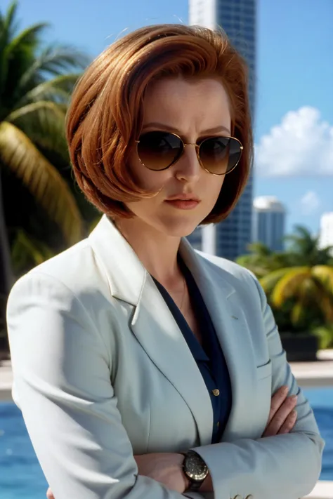 <lora:DanaScullySD_v2:1> agentscully, sunglasses, suit, cool and relaxed, highly detailed, cinematic, upper body, close-up, short hair, bob cut, sunshine, bright light, miami vice style,