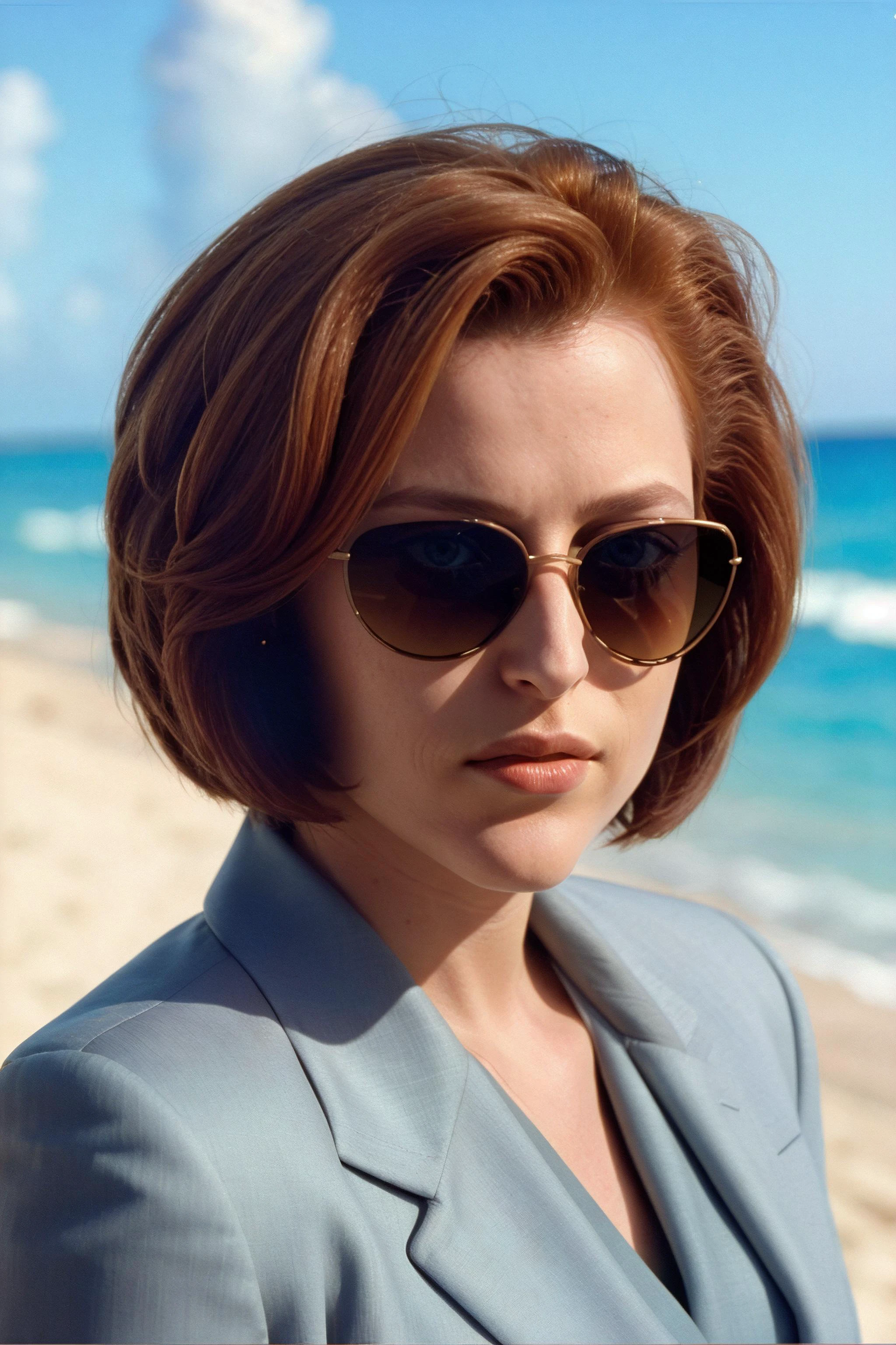 <lora:DanaScullySD_v2:1> agentscully, sunglasses, suit, cool and relaxed, highly detailed, cinematic, upper body, close-up, short hair, bob cut, sunshine, bright light, miami vice style,