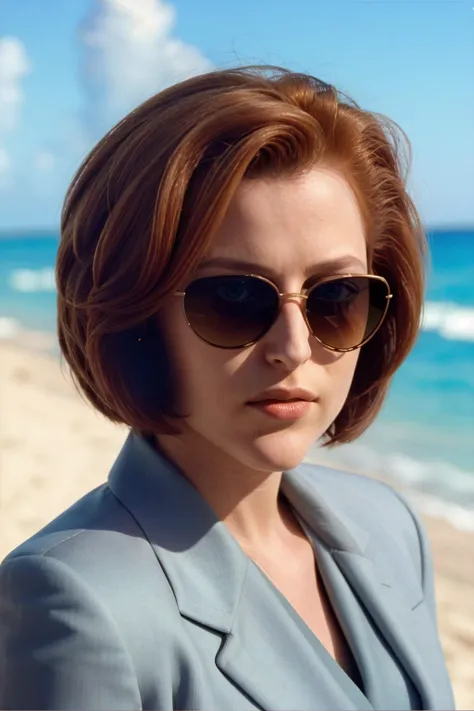 <lora:DanaScullySD_v2:1> agentscully, sunglasses, suit, cool and relaxed, highly detailed, cinematic, upper body, close-up, short hair, bob cut, sunshine, bright light, miami vice style,