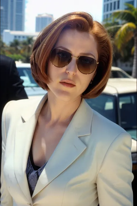 <lora:DanaScullySD_v2:1> agentscully, sunglasses, suit, cool and relaxed, highly detailed, cinematic, upper body, close-up, short hair, bob cut, sunshine, bright light, miami vice style,