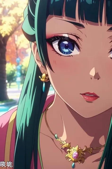 <lora:maomao-08:0.8>maomao,Dark green hair,blue eyes,hair ornament, hair bun, Earrings,Earrings,Gold necklaceï¼Red eye shadow((extremely realistic shading, masterpiece, extremely detailed, photorealistic))