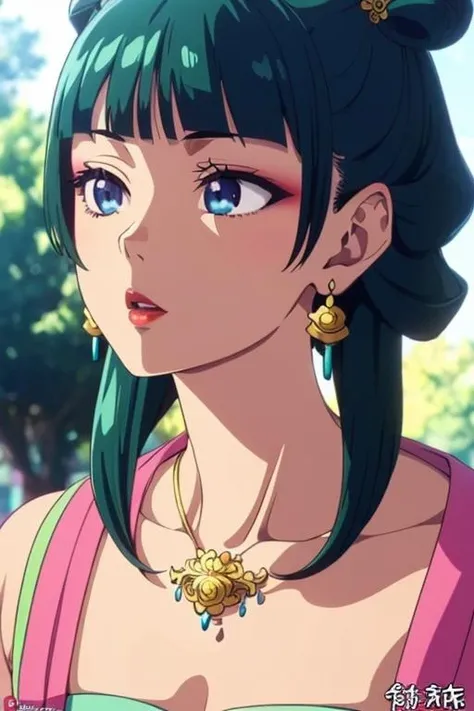 <lora:maomao-08:0.8>maomao,Dark green hair,blue eyes,hair ornament, hair bun, Earrings,Earrings,Gold necklaceï¼Red eye shadow((extremely realistic shading, masterpiece, extremely detailed, photorealistic))