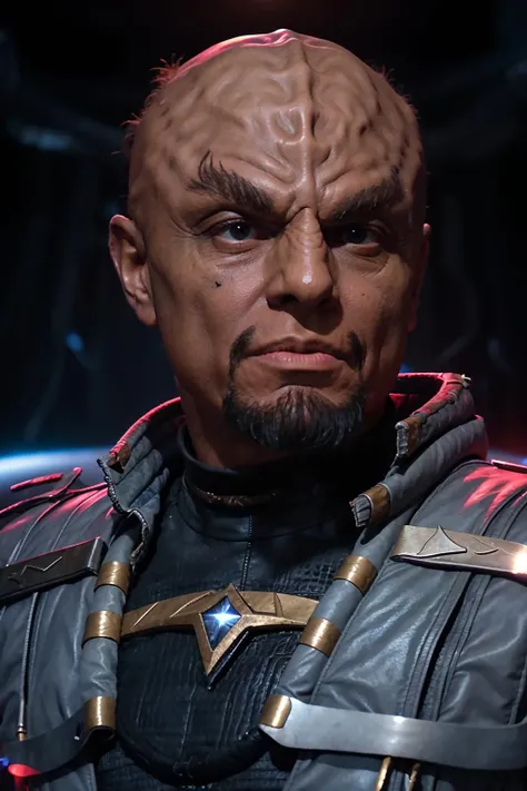 headshot of a klingon man, forehead ridge, thick eyebrows, dark skin, bald, leather armor, sci-fi starship background, <lora:race_st_klingon:0.75>,
