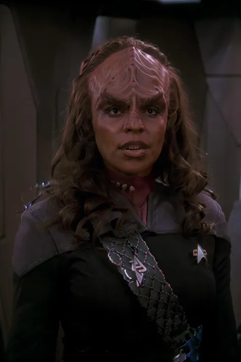 headshot of a klingon woman, forehead ridge, thick eyebrows, dark skin, wearing black and red ds9st uniform,  (red collar:1.1), sash, sci-fi starship background, <lora:race_st_klingon:0.7>,  <lora:DS9_768V12:0.95>