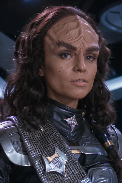 headshot of a klingon woman, forehead ridge, thick eyebrows, dark skin, leather armor, sash, sci-fi starship background, <lora:race_st_klingon:0.8>